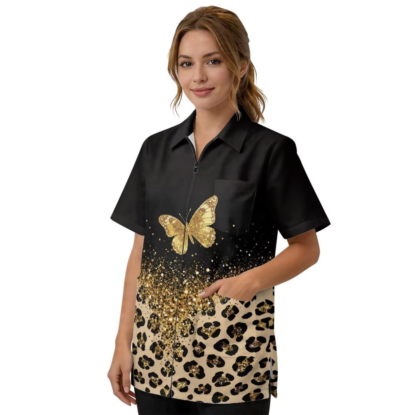 Srengjodk Leopard Print Waterproof Hairstylist Aprons For Women Anti-Static Hair Stylist Apron 3 Pockets Hairdresser Apron, Salon Cosmetology Apron Black Grooming Smocks L 2XL