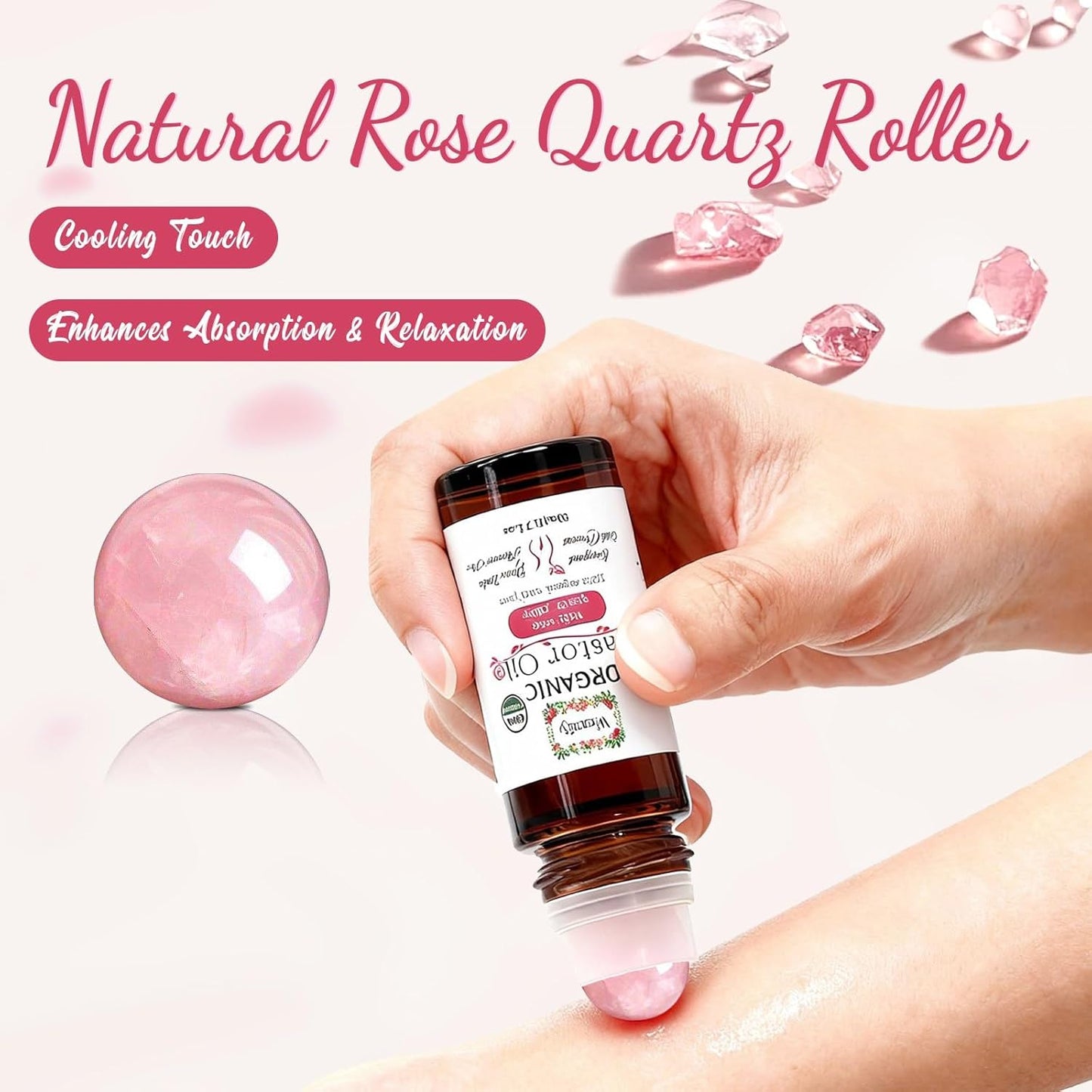 Organic Castor Oil - Rose Quartz Roll-On for Skin Moisturizing | 50ml Cold-Pressed, Hexane-Free, Relaxing Self-Care Gift