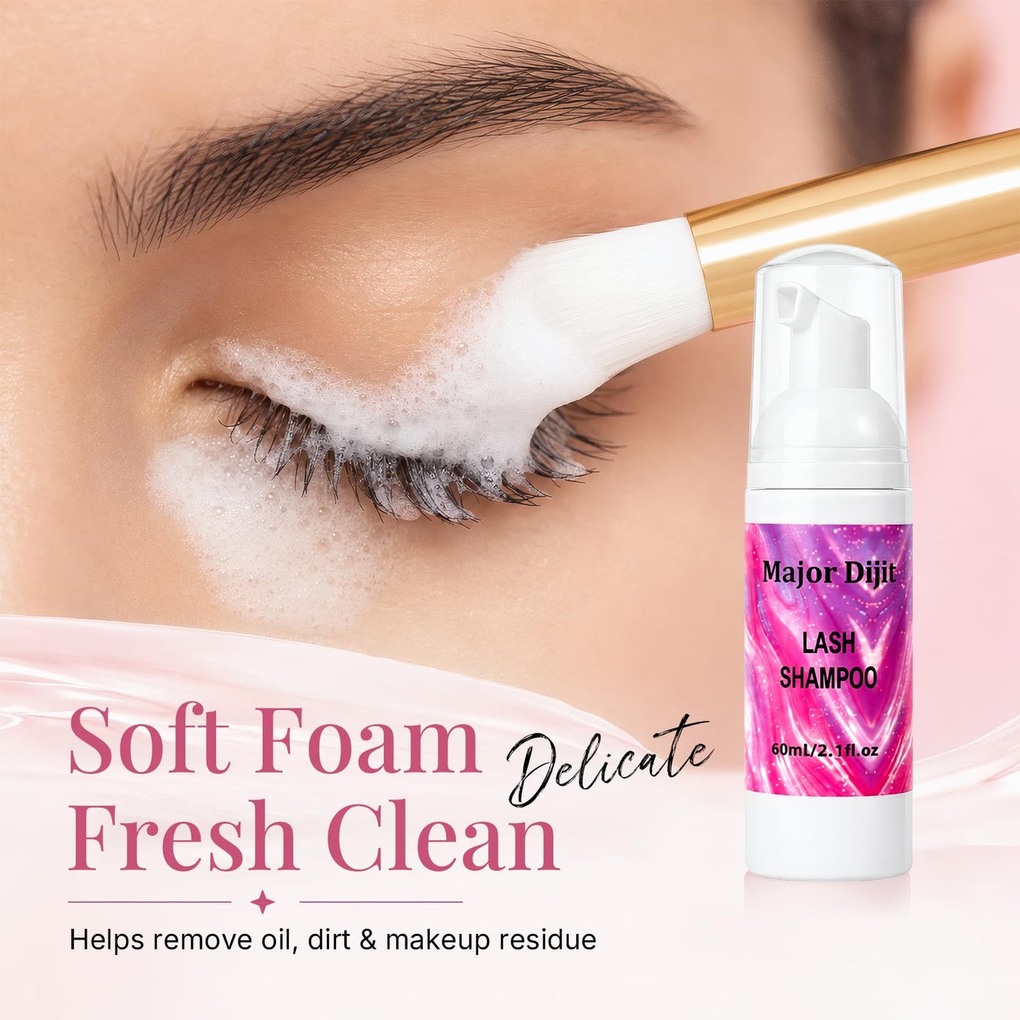 Major Dijit Lash Shampoo Kit Lash Cleaning Kit with Brush/Rinse Bottle Oil-free Cleanser Wash for Extensions & Clusters & Natural Eyelashes Cleaner for Eyelash Care (White Kit)