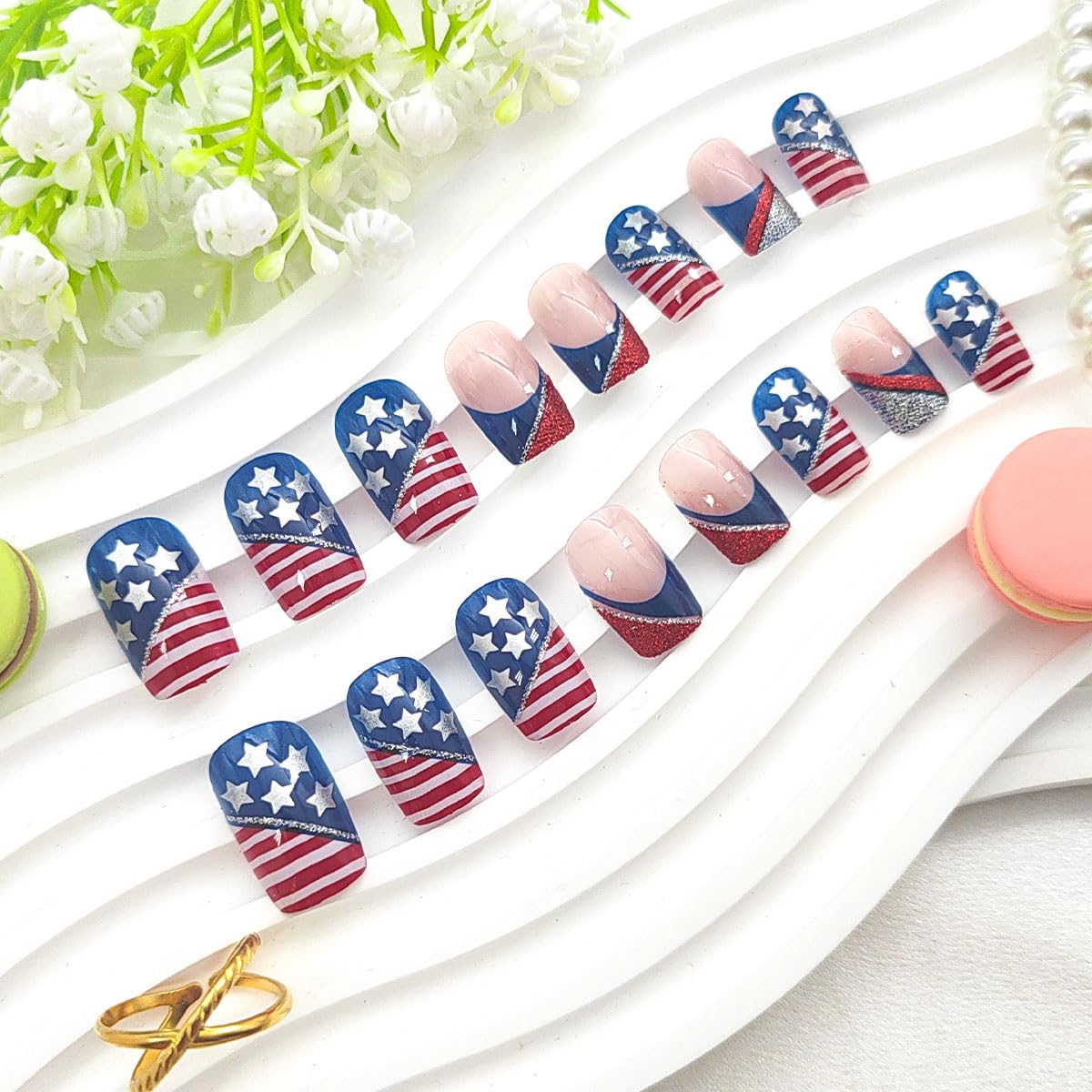 4th of July Short Press on Nails Square Red Blue French Tip Fake Nails Press ons Pink Full Cover False Nails White Star Glue on Nails Independence Day Artificial Stick on Nails