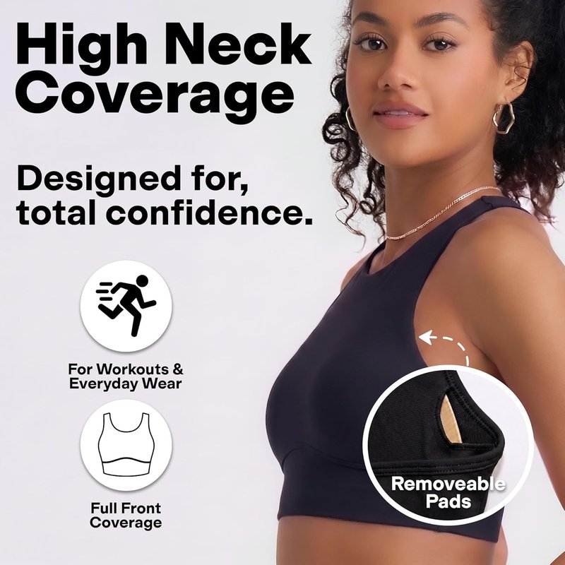 High Neck Longline Sports Bra - Wireless Criss Cross Back Padded Workout Top | Removable Pads, Comfortable Fit