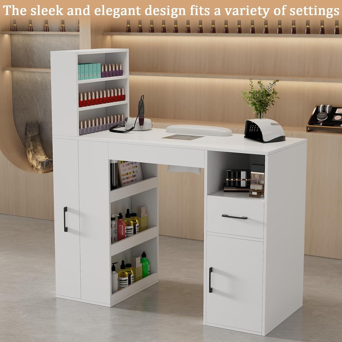 Professional Nail Desk - Modern Nail Table with Storage Cabinet, Fan & Dust Collector | Ideal for Nail Techs