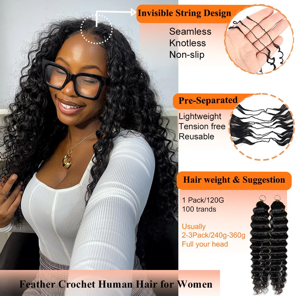 20 Inch Crochet Human Hair Extensions - Deep Curly Wave, 120g, Pre-Separated for Black Women | 100 Strands