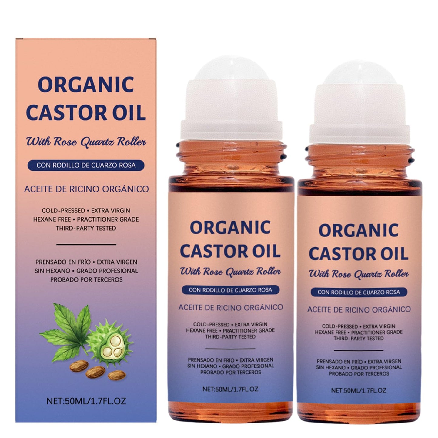 Organic Castor Oil Roll-On with Rose Quartz - 100% Pure Cold-Pressed for Hair Growth, Eyelashes & Skin | 50ml