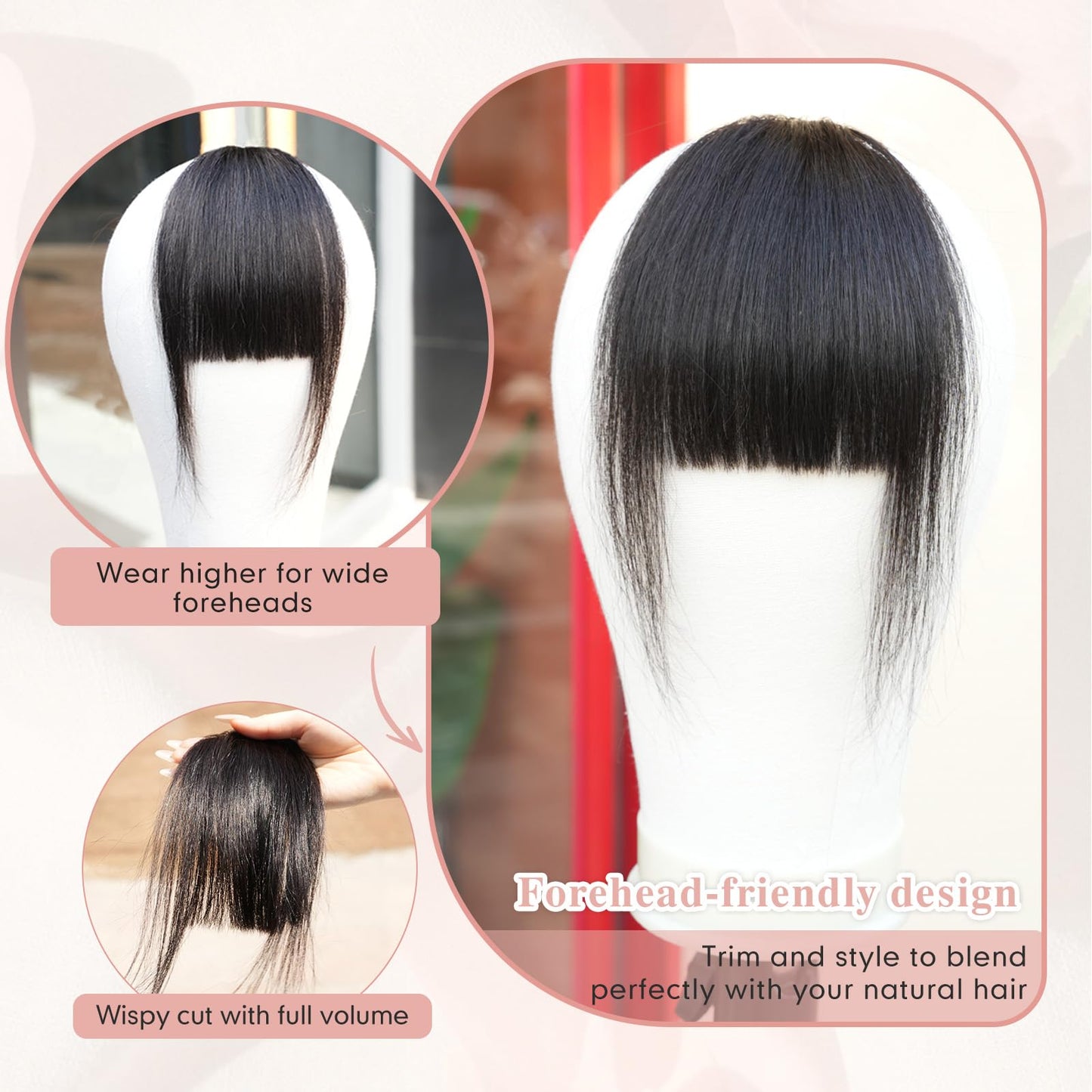 EINAEY Clip in Bangs, 100% Real Human Hair Natural Black Fake Bangs Clip in Hair Extensions Wispy Bangs Fringe with Temples Hairpieces for Women Curved Air Bangs for Daily Wear