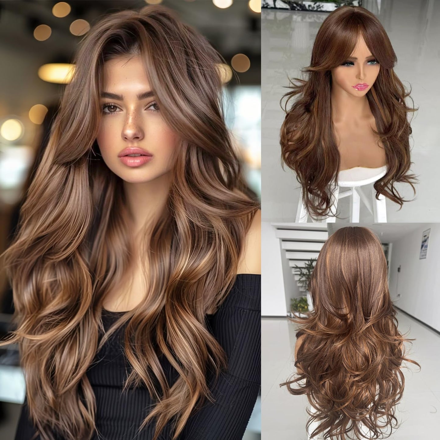 Long Black Wavy Wig for Women - Layered Synthetic Hair with Curtain Bangs | 24-Inch Natural Look