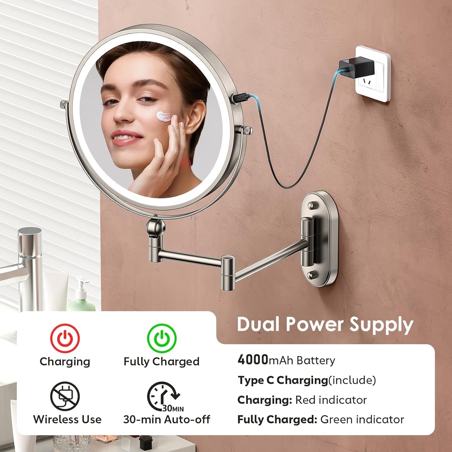 ZLOKLA 9" Wall Mounted Lighted Makeup Mirror - 1X/30X Magnification, Touch Dimmable, 360° Rotation, Rechargeable