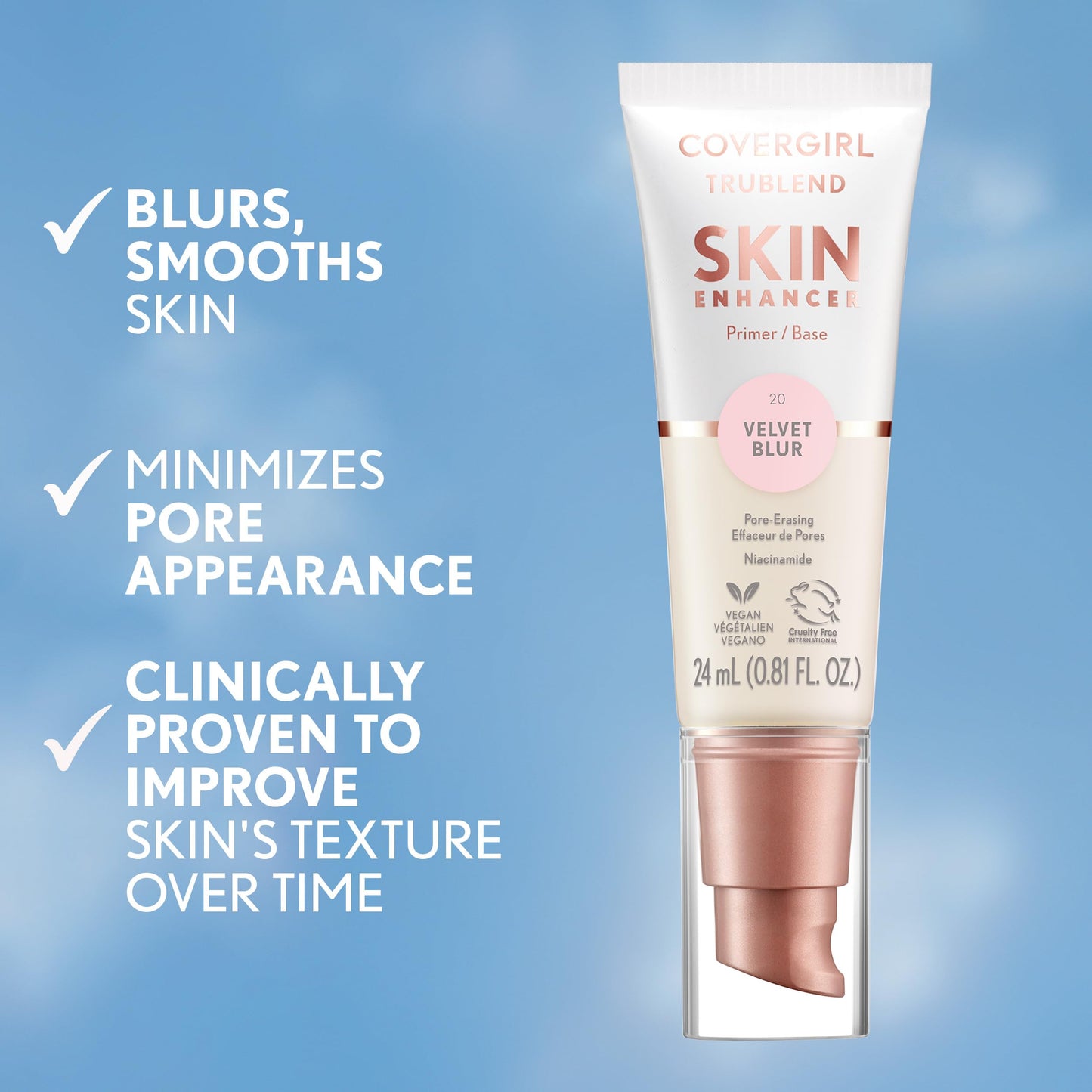 CoverGirl TruBlend Skin Enhancer, Velvet Blur, Primer, Plumps Dry Skin, Blurs Pores, Hydrating, Brightening, Lasts All Day, 0.81oz