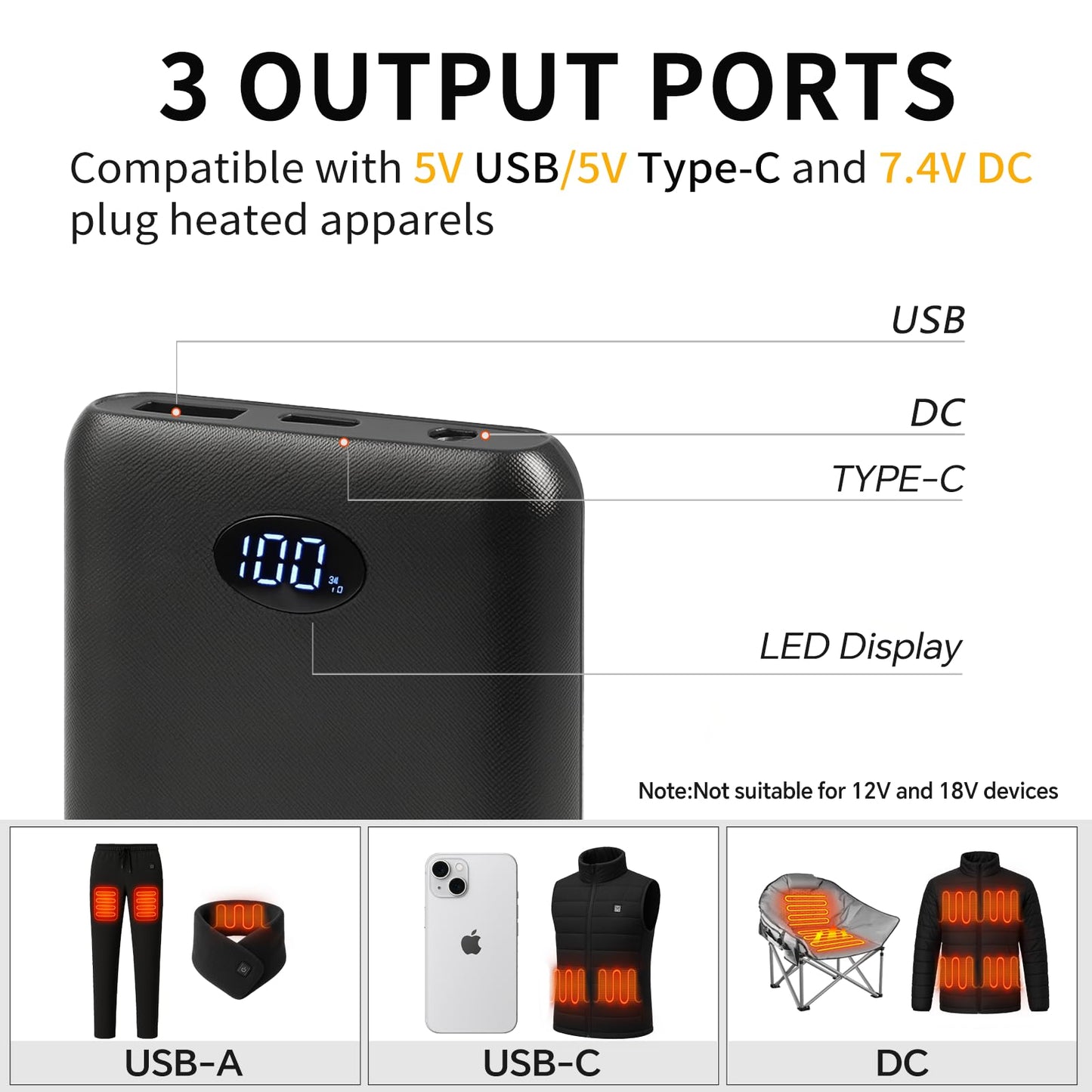 cadymo Heated Vest Battery Pack 7.4V/5V 10000mAh, Ultra-Light Battery Pack with LED Display, DC/USB-A/Type-C PD Output, Compatible with ORORO Venustas Heated Jackets, Vests & Gloves