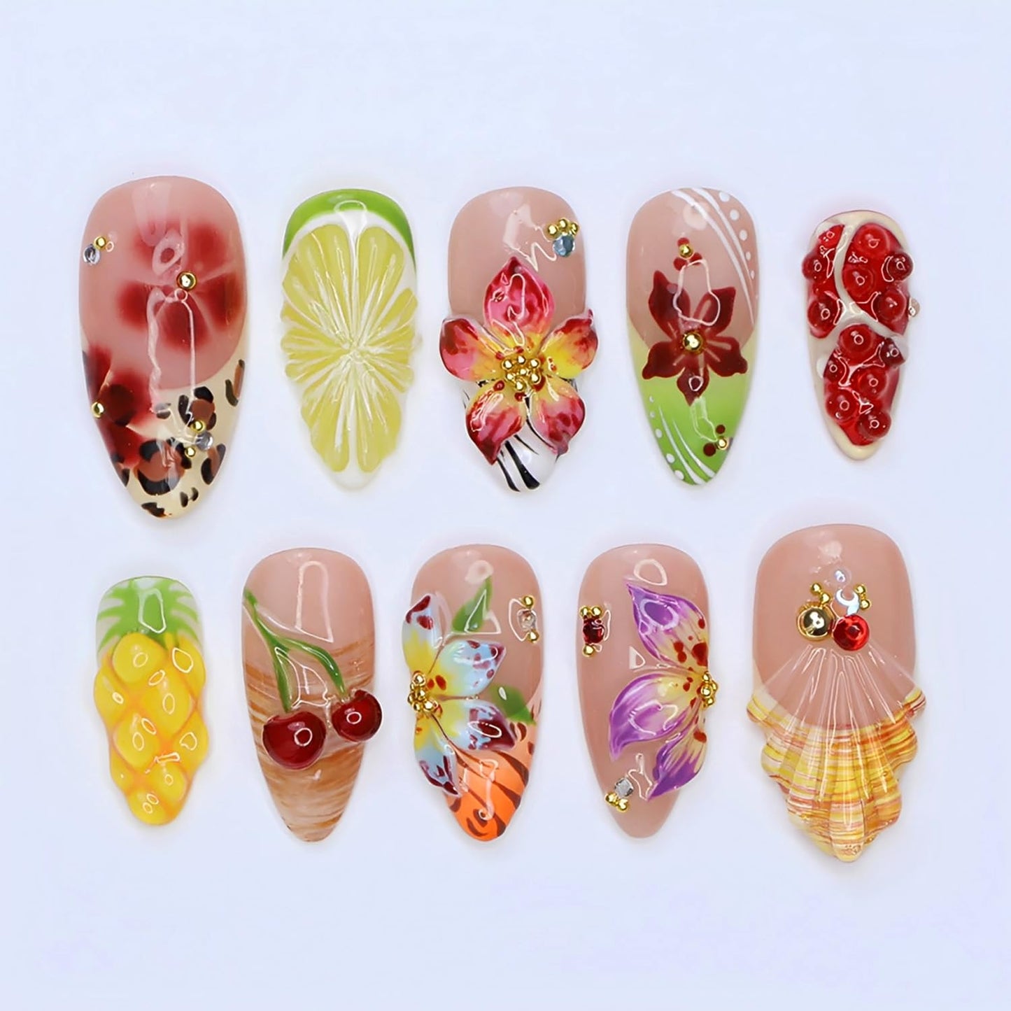 Flower Press-On Nails - 10 Pcs Short Almond Style with Gold Shell & Starfish Rhinestones | Reusable Cute Handmade Acrylic Nails for Women & Girls
