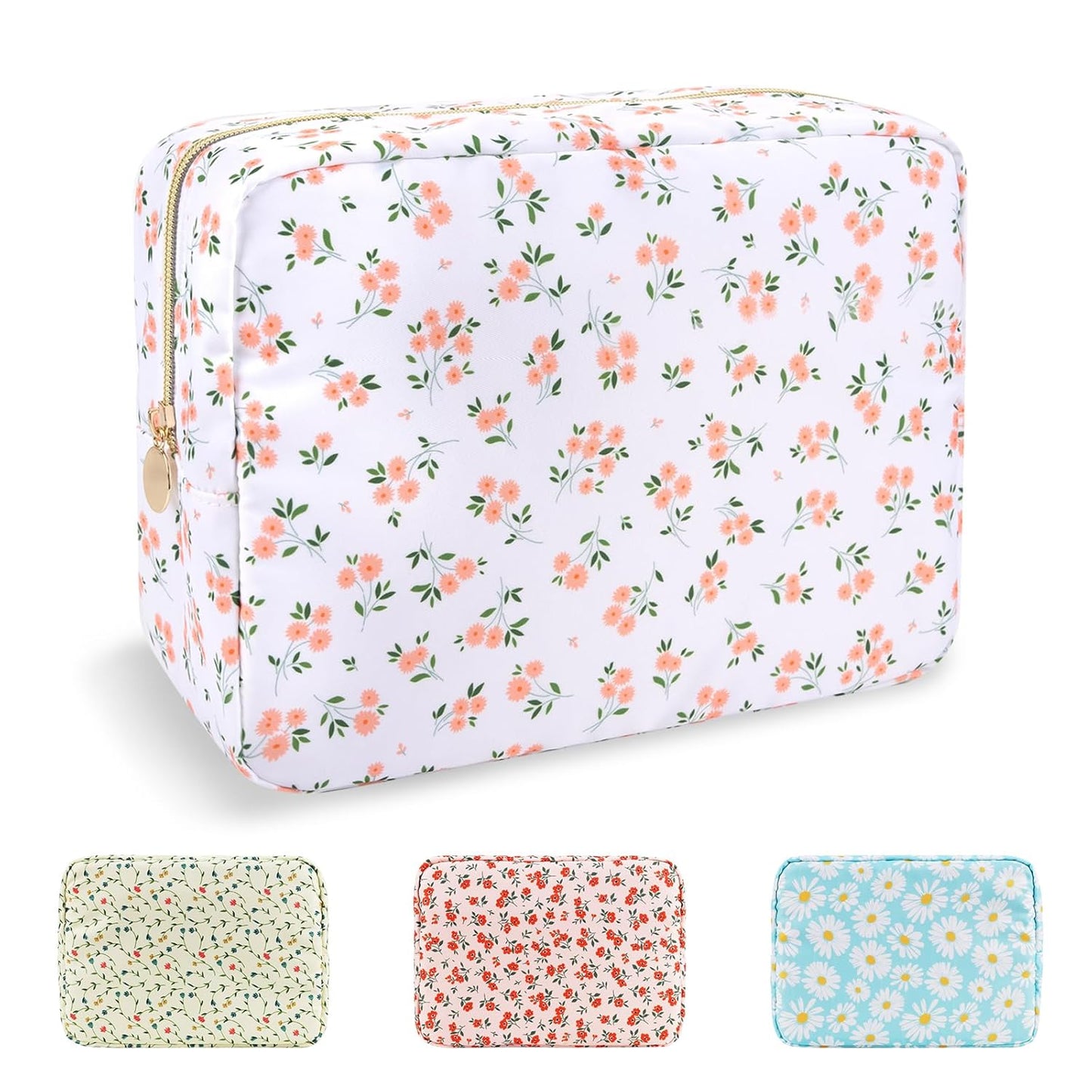 Waterproof Mini Floral Makeup Bag - Nylon Travel Pouch for Women | Cute Zipper Toiletry Organizer (Mini White-Flowers)