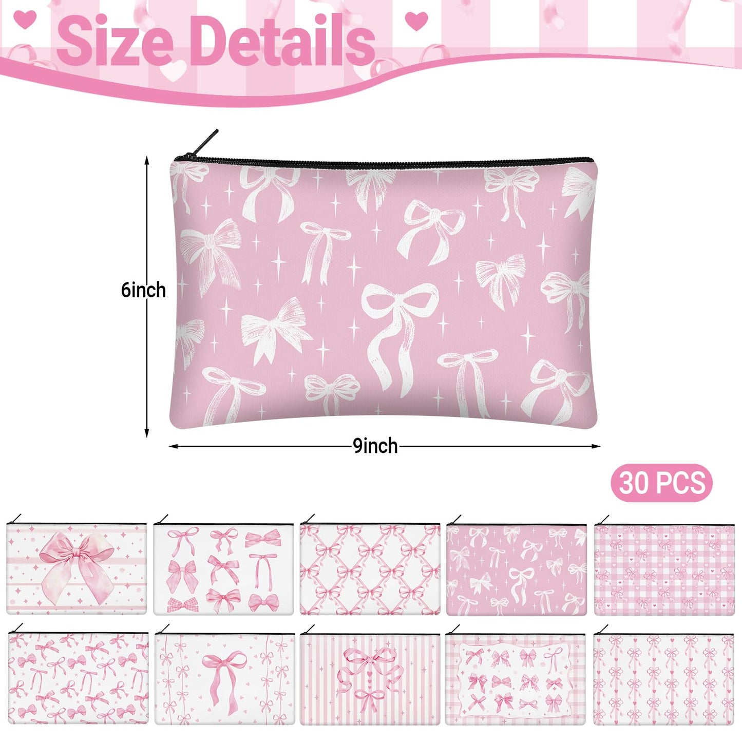 KOPOOEOE 30 Pcs Pink Bow Makeup Bags Coquette Cosmetic Zipper Pouches with Elegant Pink Bow Makeup Bag Bulk Canvas Cosmetic Travel Toiletry Pouch for Women Bridesmaids Wedding Favors