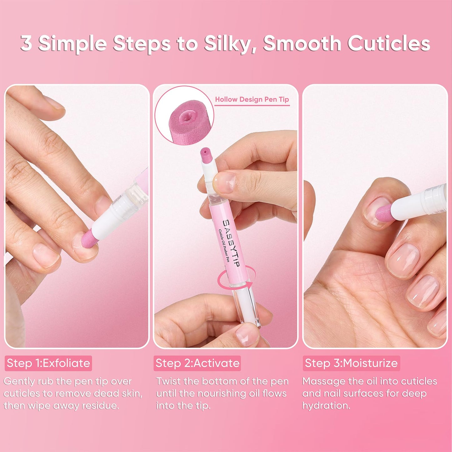 SASSYTIP Cuticle Oil Pusher Pen 2-in-1 Clean & Moisturize | Removes Dead Skin & Dirt from Nail Edges | Nourishing Jojoba & Almond Oils | At-Home or On-the-Go Manicure for Women & Men | Rose | 2ml