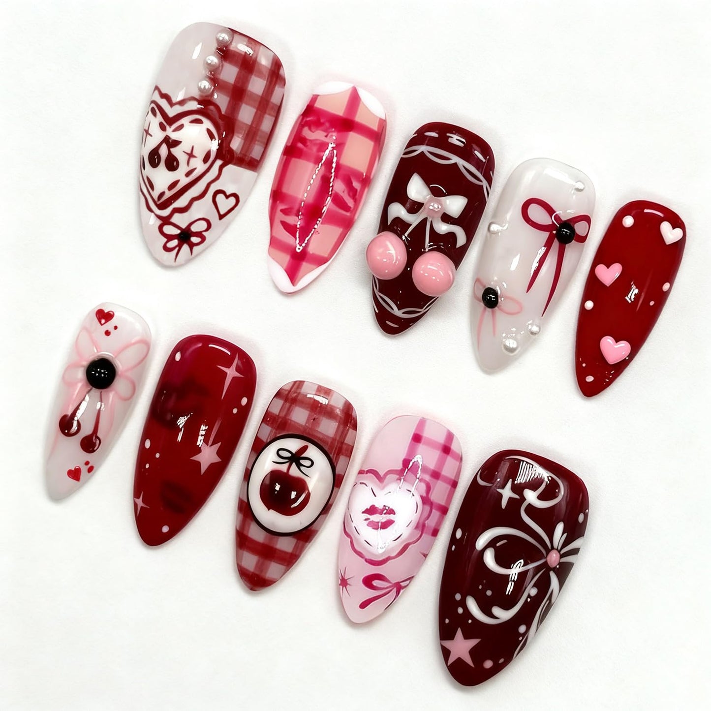 Valentine's Press-On Nails - 30 Pcs Short Almond Red French Tip with Pearl & Gold Bow | Romantic Heart Acrylic Set