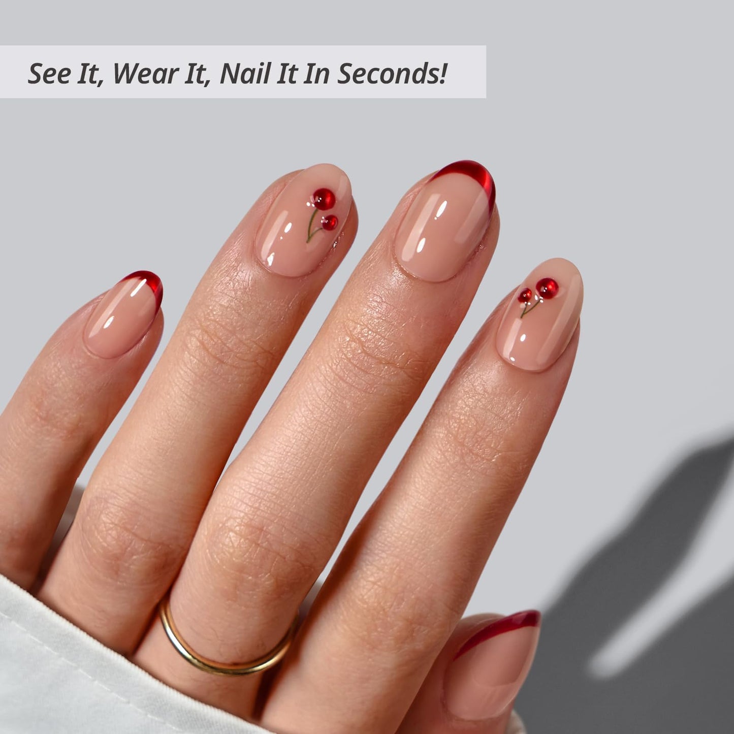 BTArtbox Press On Nails, Cherry Charm, XS Almond, Red French Tip, 32Ct
