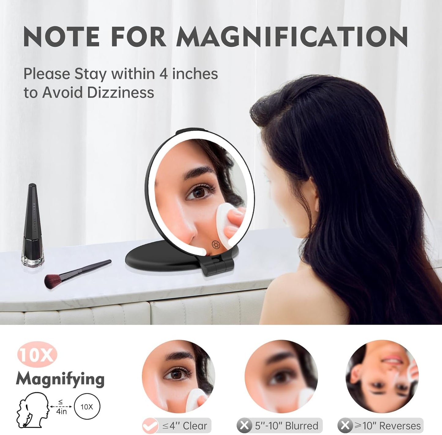Travel Mirror with Light - 1X/10X Rechargeable Makeup Mirror | 7'' Double-Sided, 3 Color Lighting Modes, Portable Vanity - Black