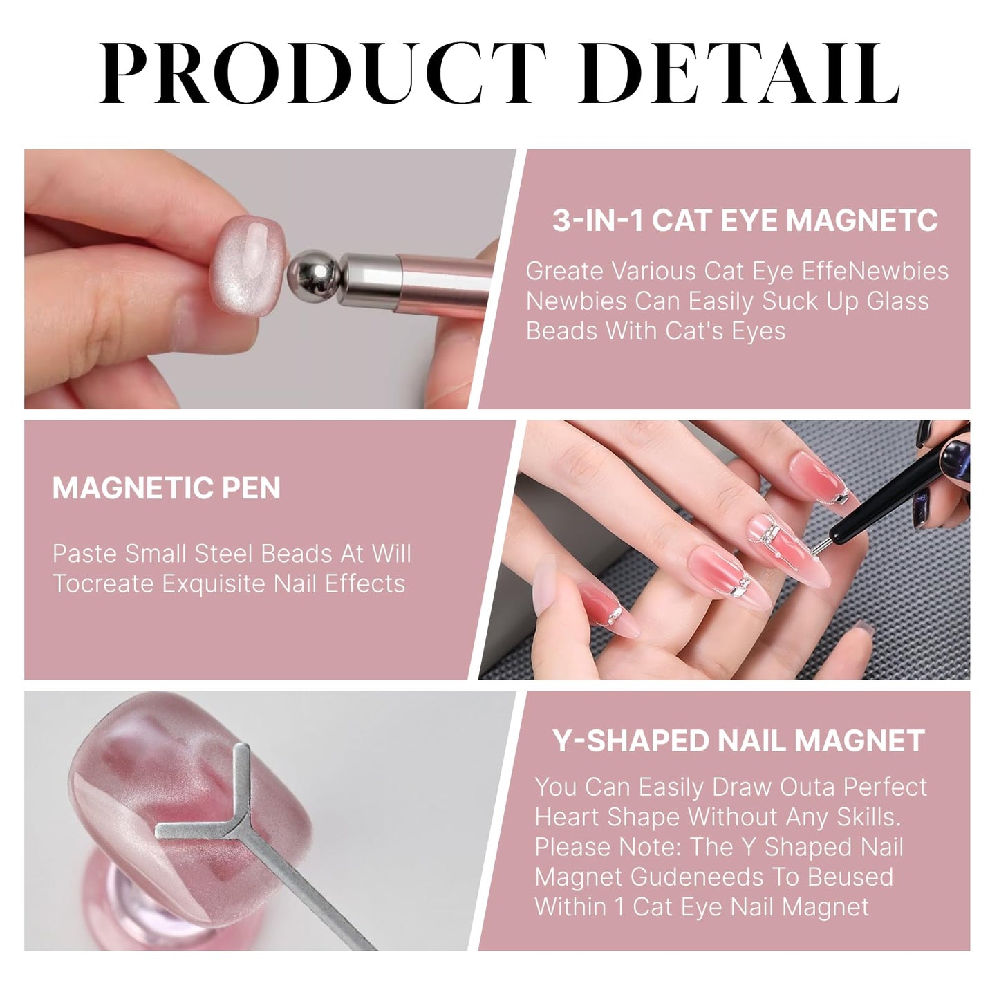 Cat Eye Magnet Set, 4-Piece Black Bead-Attracting Nail Magnet Pen & Heart-Shaped Magnet, Professional Nail Art Tools for Home DIY & Design