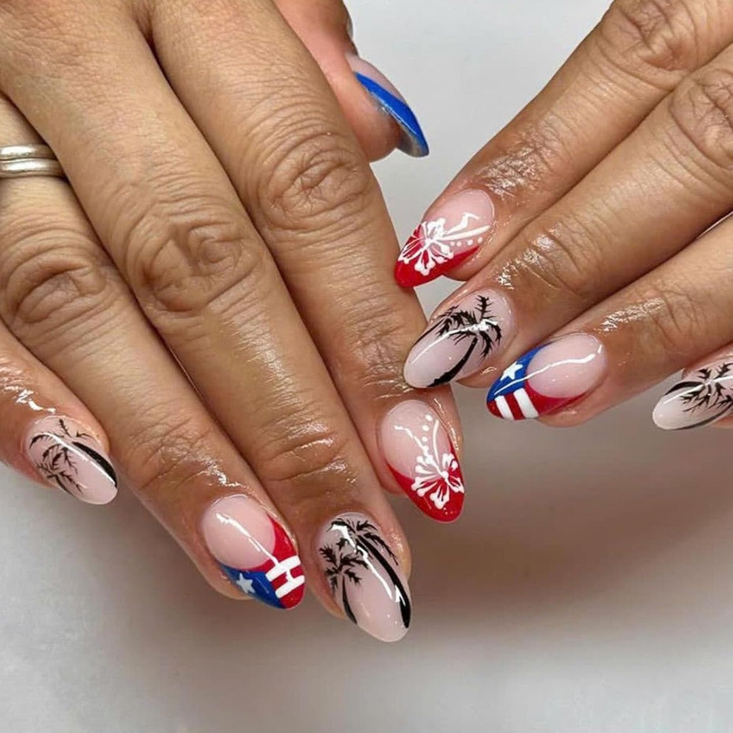 Press On Nails - Short Square Red, White & Blue Acrylic Nails with Glitter Stars | 4th of July Designs, 24 Pcs