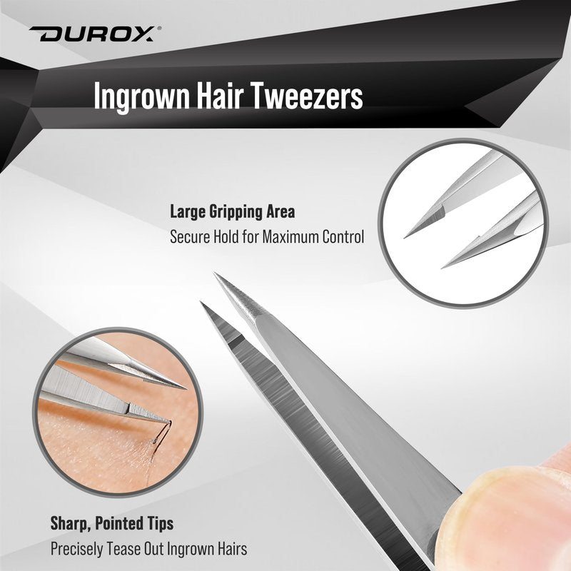 DUROX 4-Pc Precision Tweezer Set - 1. Round Tip Tweezers for Facial & Chin Hair 2. Pointed Tweezers for Ingrown Hair & Splinters 3. Professional Eyebrow Tweezers 4. Classic Slant. Stainless Steel.