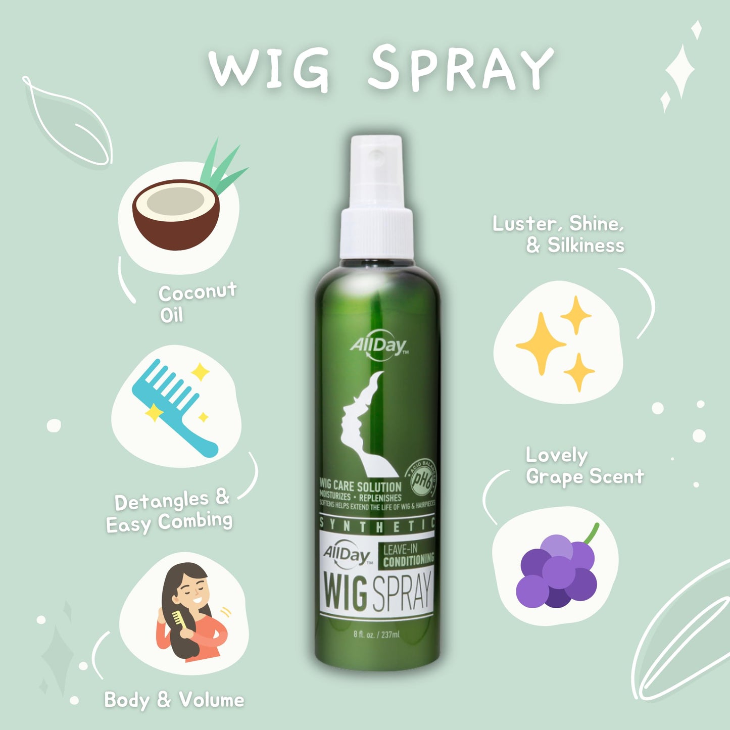 AllDay Locks Synthetic Wig Spray - Refreshing Leave-In Conditioner for Synthetic Hair, Detangler & Cleanser Spray for Wigs, for Women and Men, Nourishes & Softens Fibers - 8 oz Bottle