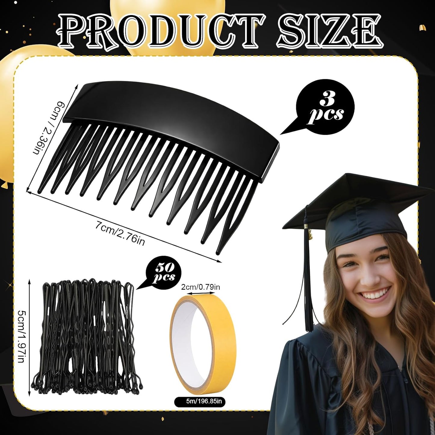 Graduation Cap Headband Insert Clips - 3 Pcs with 50 Safety Pins for Secure Hairstyle | Perfect for Graduation Party