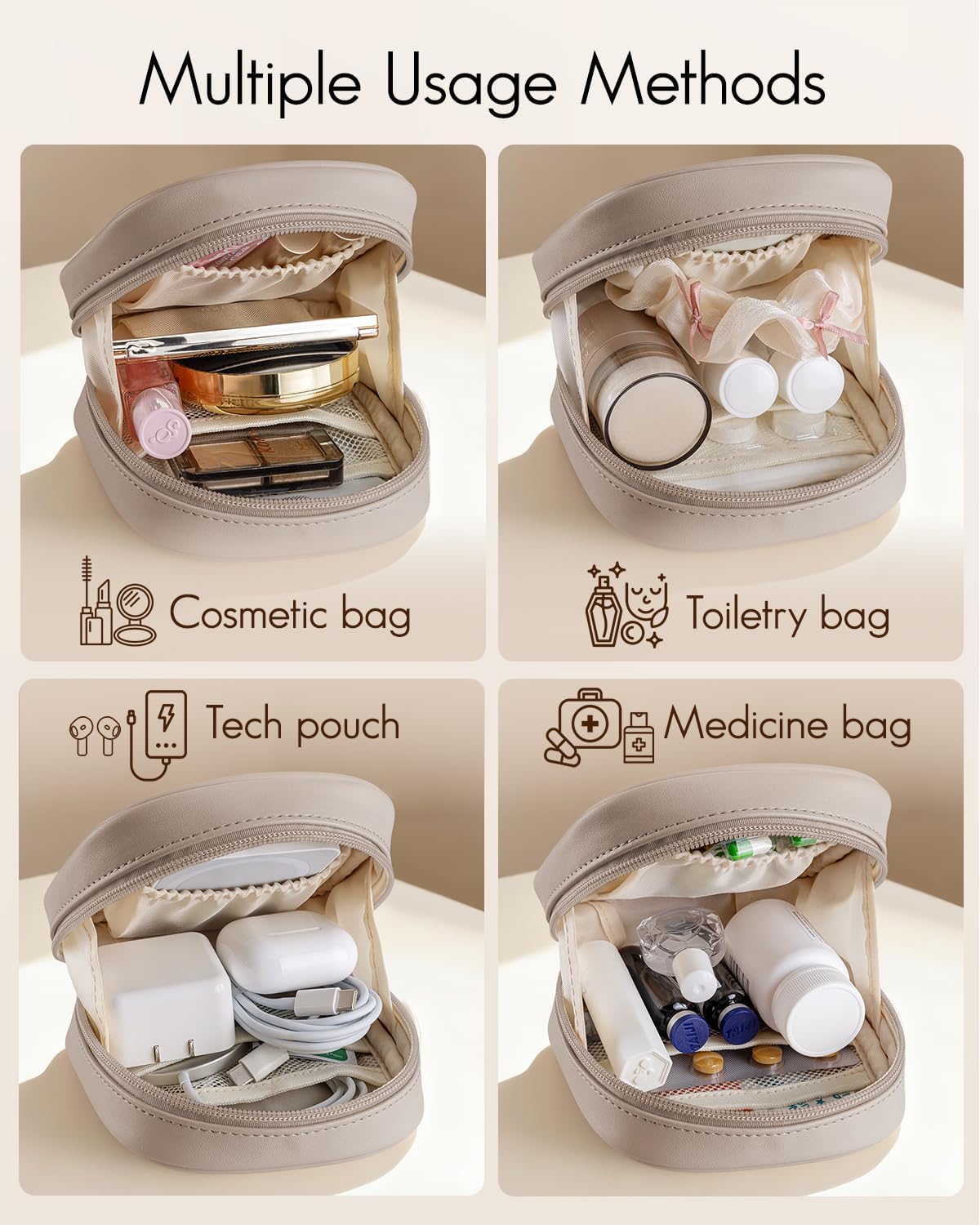 Mini Makeup Bag - Portable Travel Toiletry Organizer with Slip-in Pockets | Waterproof Design in Toffee