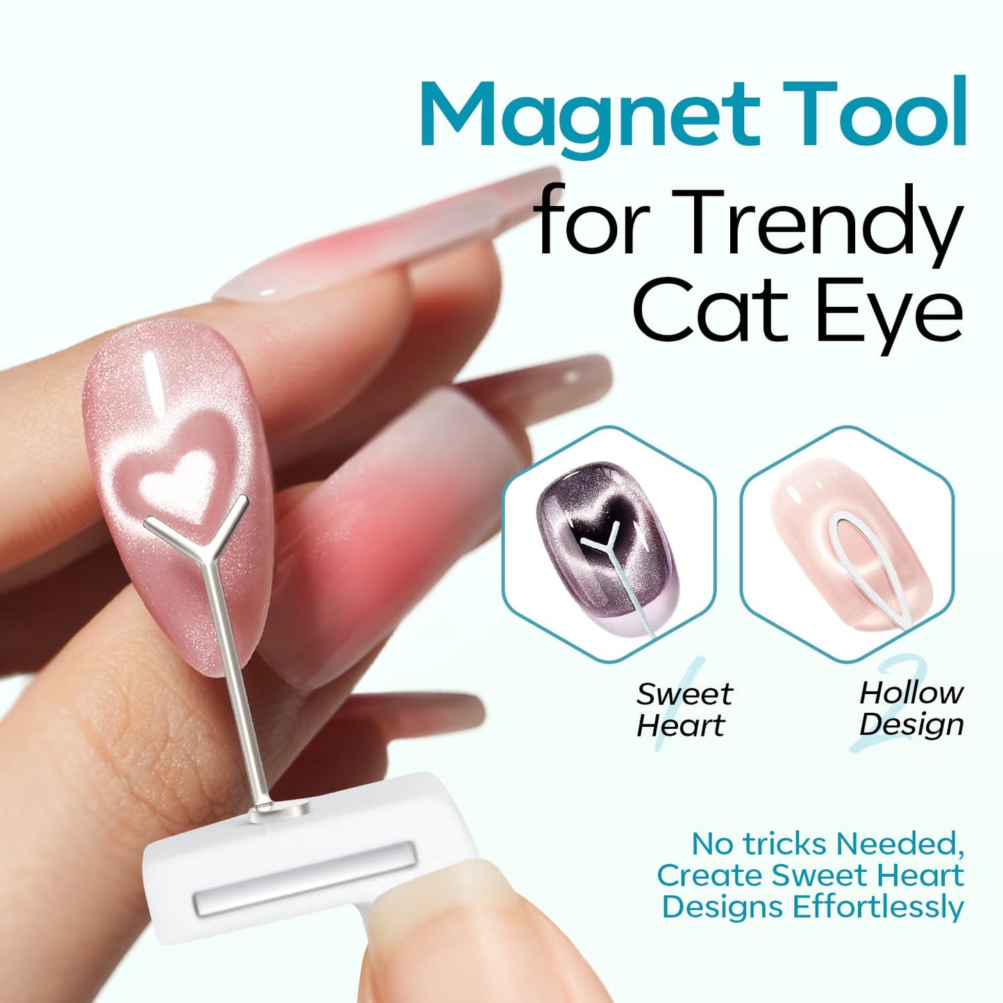 Modelones 5D Automatic Cat Eye Magnet for Nails, 5Pcs Circle Nail Magnet Tool for Cat Eye Gel Polish, 360 Rotating Cat Eye Magnet Tool, U-Shaped&Ball Magnet&Hole&Heart Magnets for Glass Bead Nail Art