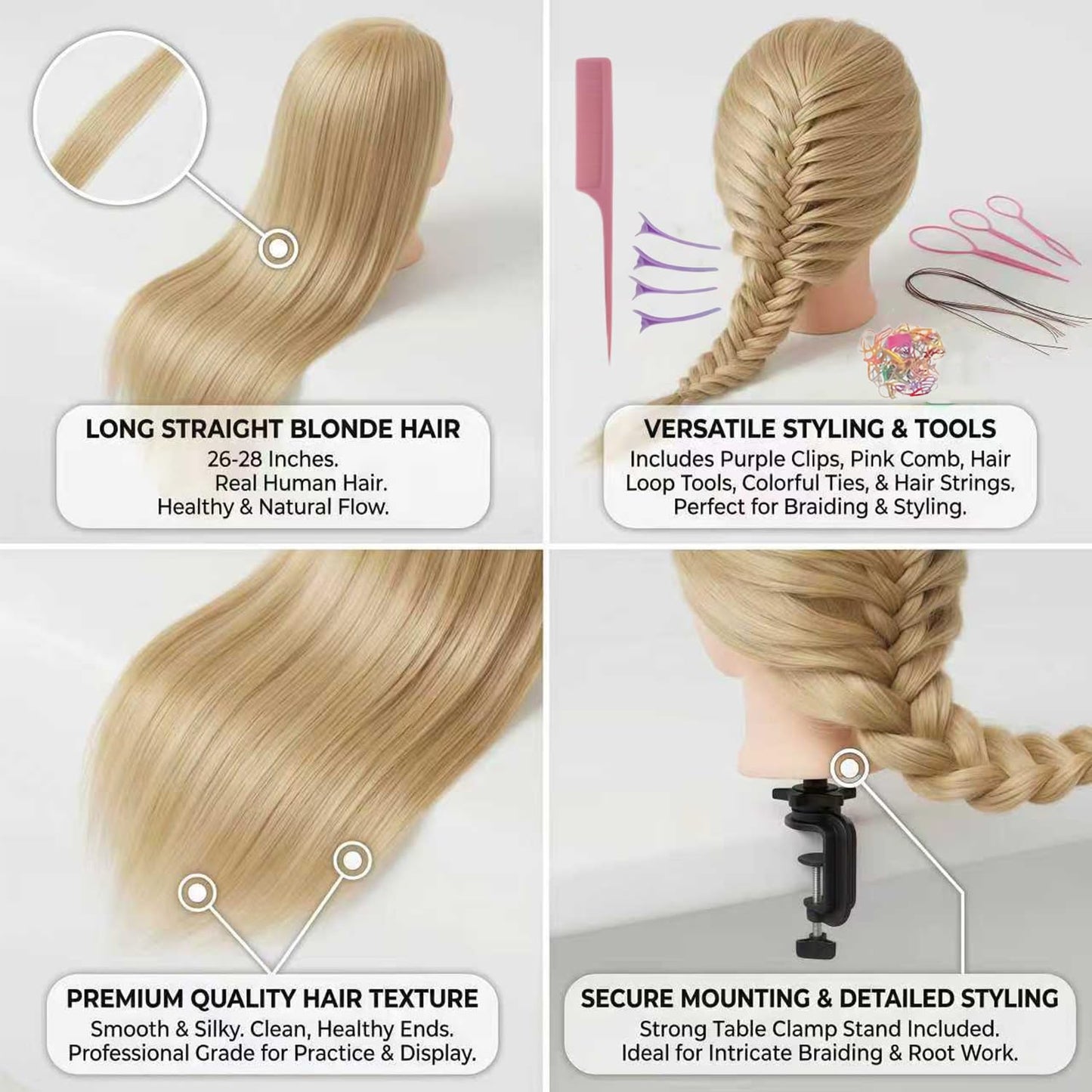 Human Hair Mannequin Head - 26 Inch Braiding Practice Head with Clamp Stand for Cosmetology & Kids | Golden