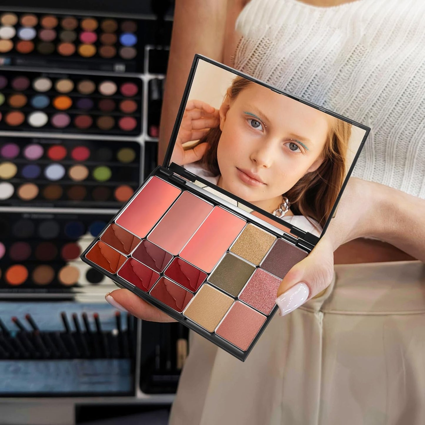 Magnetic Makeup Palette - Empty Eyeshadow Palette with Mirror | 15 Pans for Eyeshadow, Lipstick & Blush