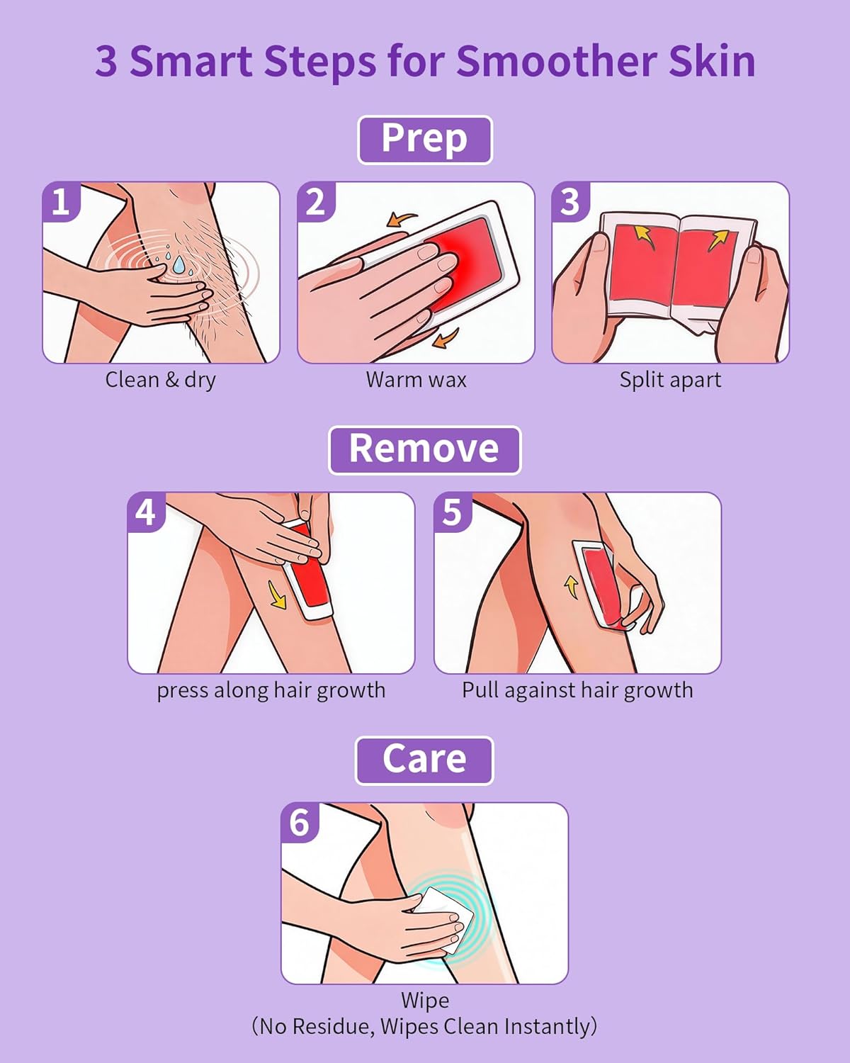 Wax Strips Waxing Kit for Women - Hair Removal for Legs, Arms, Face & Bikini | 60 Strips + 6 Wipes | Hypoallergenic & Dermatologically Tested