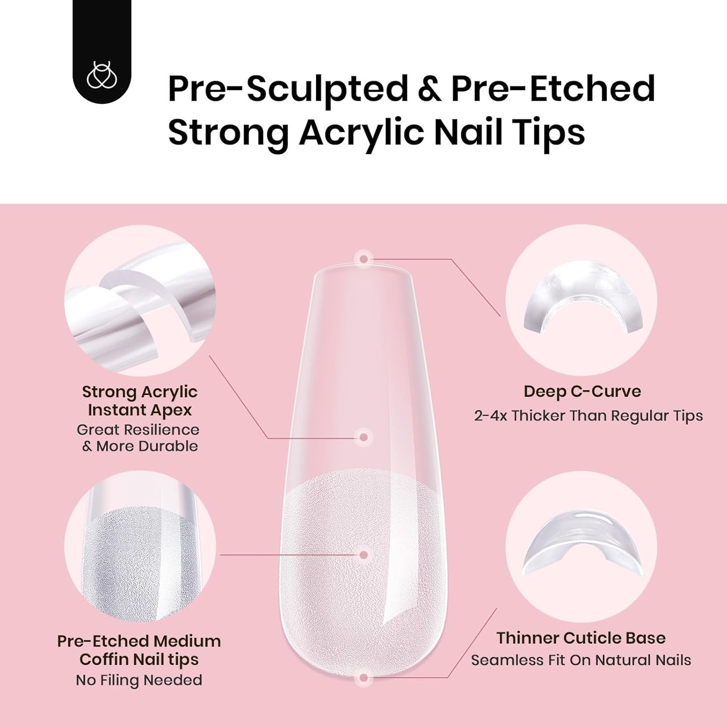 Beetles Apex Nail Tips - Medium Coffin, 192pcs, 16 Sizes 00–14 | Thicker Strong Acrylic for DIY Extensions