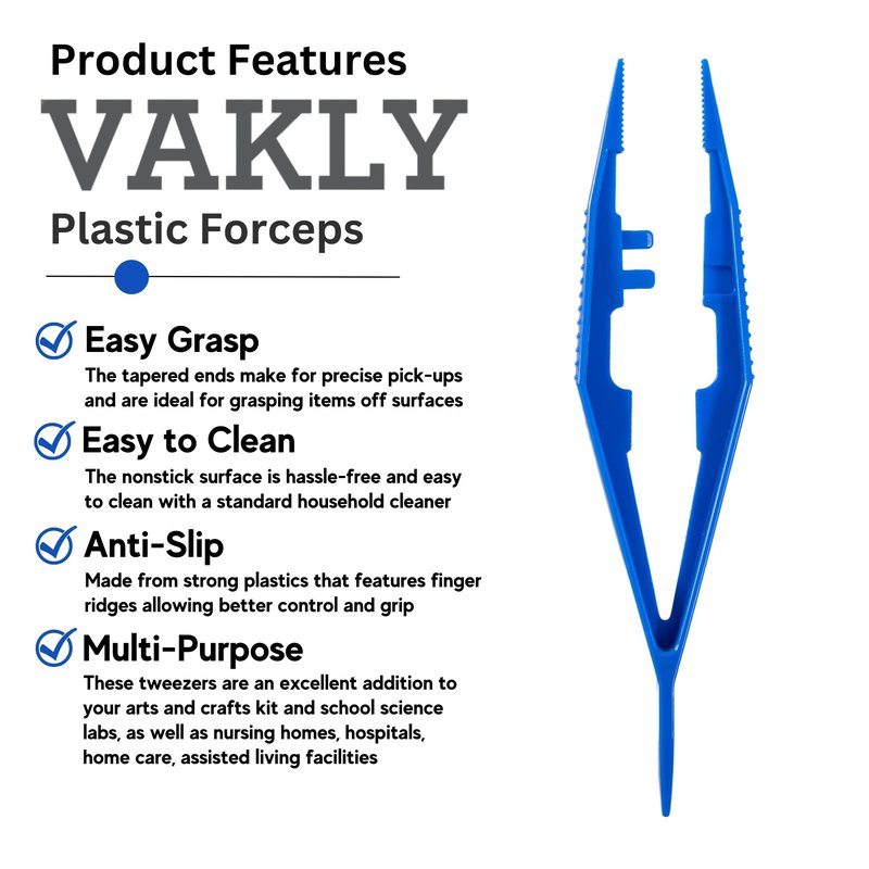 Vakly Disposable Plastic Forceps Tweezers Blue (10 Pack) – Serrated Tip Pickup Tweezers with Finger Ridges & Narrow Points for First Aid, Medical, Lab, Crafts & School Science
