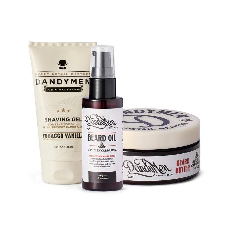 DandyMen Beard Grooming Set for Men – Beard Oil, Beard Butter & Shaving Gel – Obsidian Cardamom Scent – Hydrating & Softening Kit for Growth & Styling – 3-Piece Set