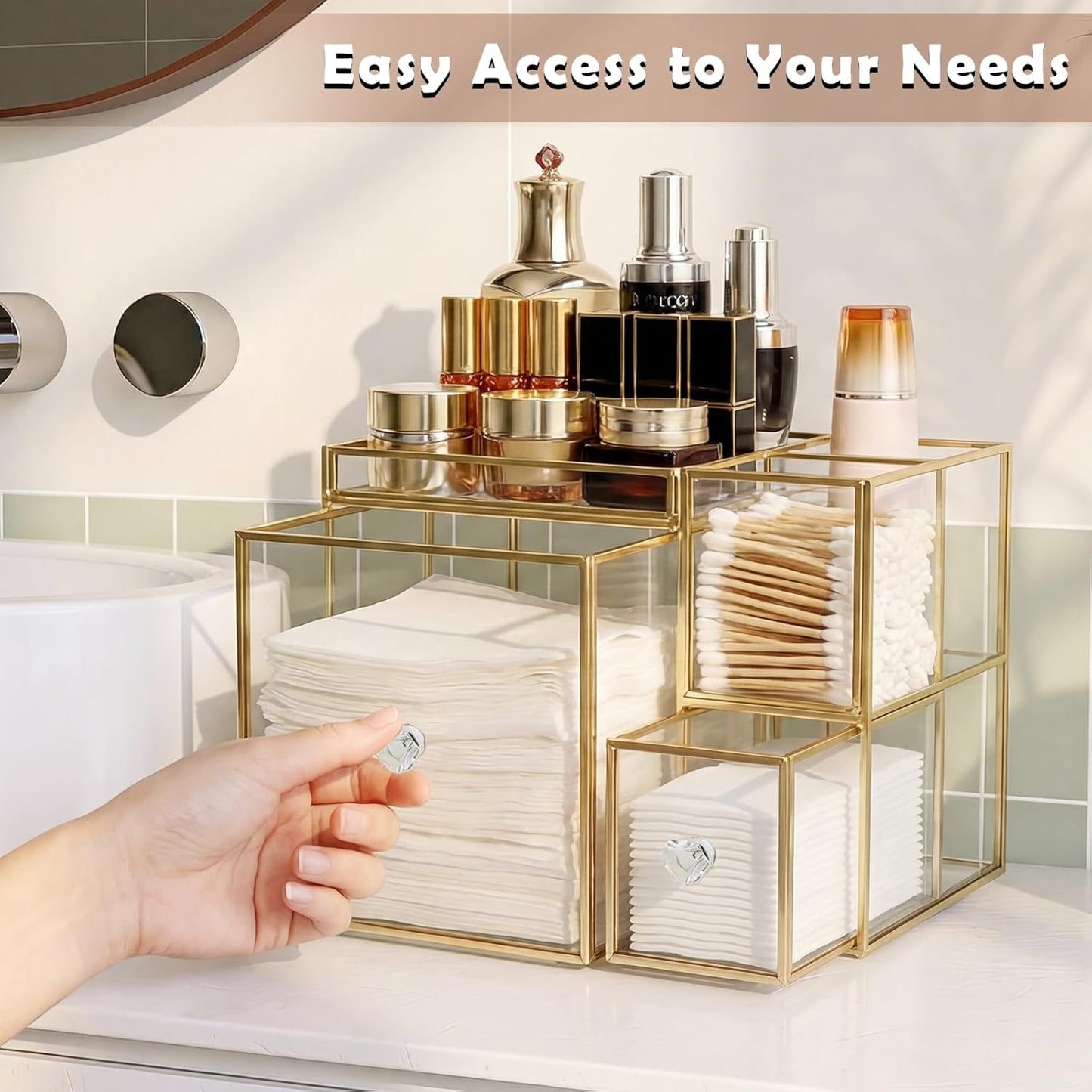 Glass Face Towel Holder with Drawer - Disposable Facial Towels Container for Vanity | Skincare Organizer & Cotton Pads Storage
