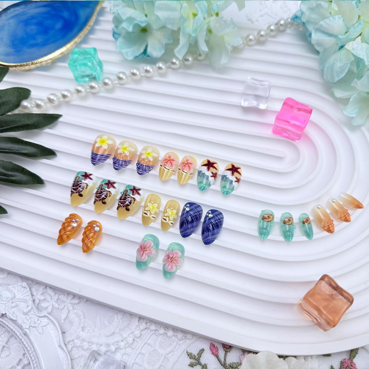 Floral Press-On Nails - 24Pcs Short Almond Acrylic with 3D Ocean Seashell & Turtle Design | Blue Sea Full Cover for Women