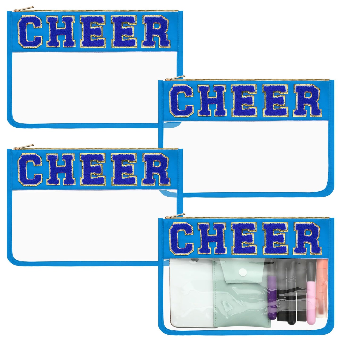 Abbylike 4 Pcs Cheer Makeup Bag Gift Set 11.8x8.2 Inches for Cheerleader Team Girls Clear Chenille Letter Cosmetic Bags Zipper Toiletry Makeup Pouch Bulk Women Travel Snack Bag(Blue,Cheer)