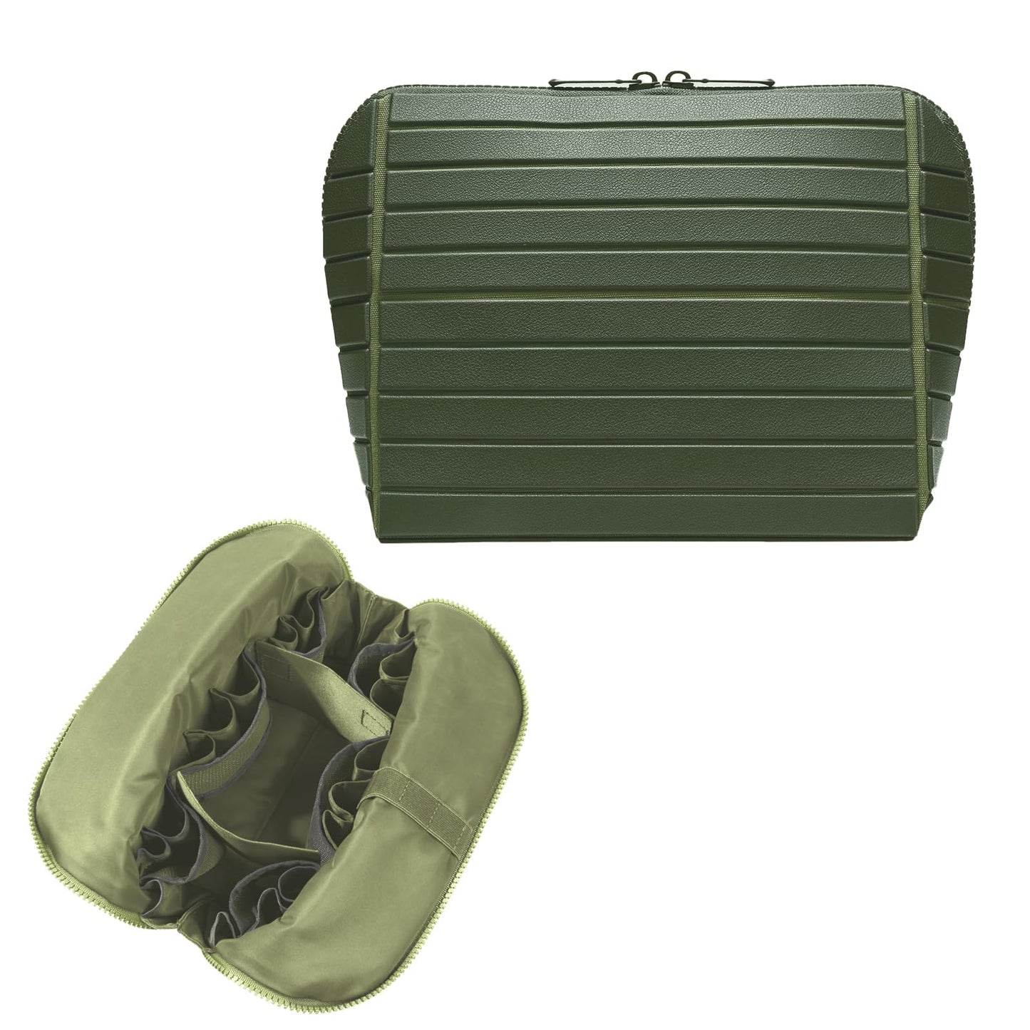 Travel Makeup Organizer Bag with Fold-Down Design and Adjustable Dividers, 27 Pockets & 3 Brush Storage Holders, Large Capacity Cosmetic Bags Toiletry Case - Dark Green