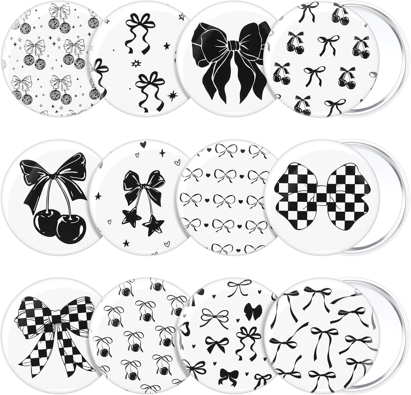 Cinnvoice Mini Compact Mirrors - 12 Pcs Bow Party Favors | Aesthetic Pocket Keepsakes for Women & Girls (Black & White)