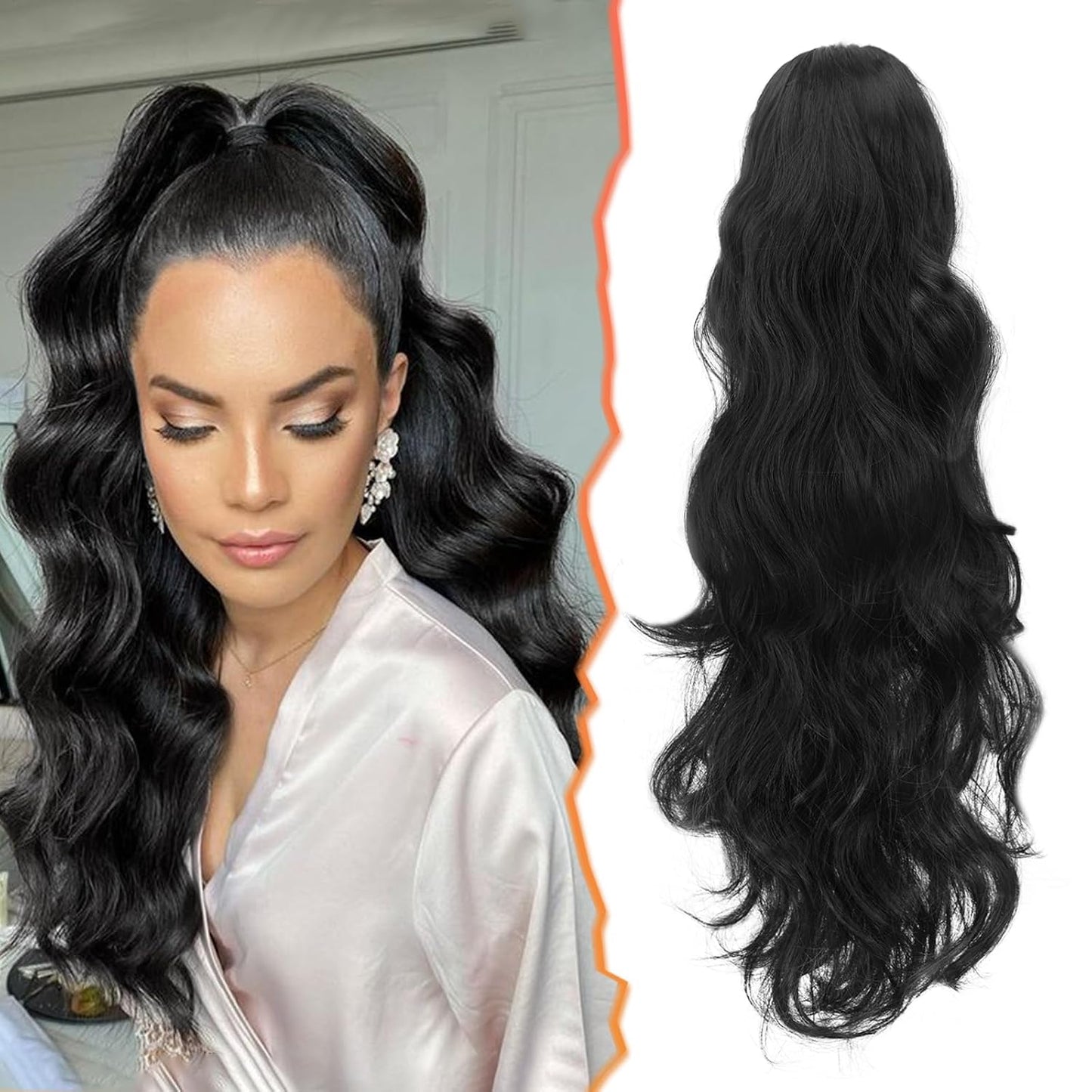 Claw Clip Ponytail Extension - 20 Inch Black Wavy Synthetic Hair | Soft, Lightweight, Realistic Look