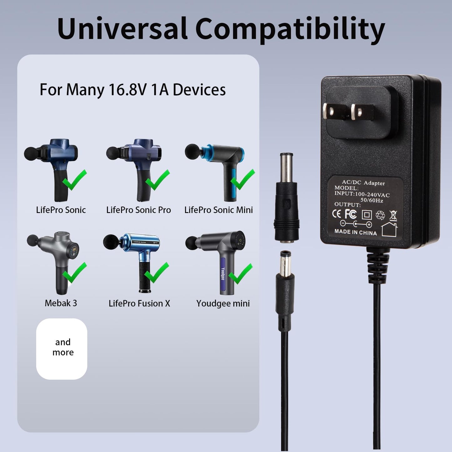 16.8V 1A Charger for Massage Guns AC DC Adapter Power Supply 16.8Volts 0.8A 0.5A 0.1A, with 8 Tips DC Plug Power Cord for 16.8Volt 1000mA 900mA 800mA 300mA 100mA Equipment Replacement