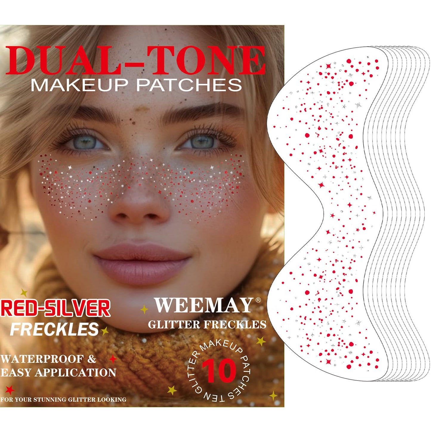 10 Pcs Red-Silver Dual-Tone Glitter Freckles, Double Colors Glitter Freckle Face Tattoo, Face Sparkle Temporary Tattoo, Long-Lasting 48h Freckles for Christmas