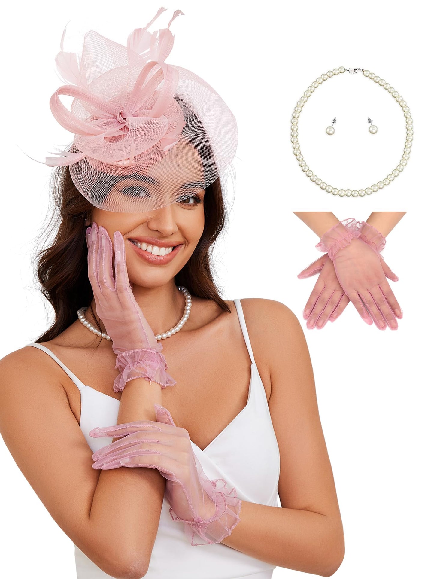 Ibeauti Fascinator Hats with Screentouch Lace Gloves Set for Women Tea Party Cocktail Wedding Derby Headwear Short Gloves (07 Nude Pink)