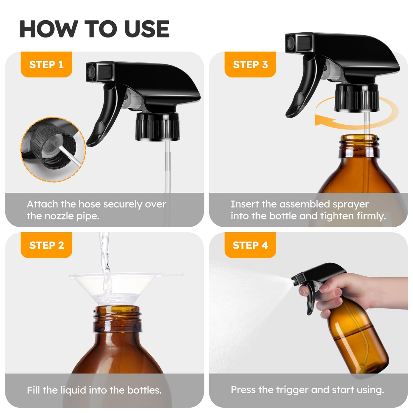 Tecohouse Amber Glass Spray Bottles 8oz, 2 Pack 360° Water Spray Bottle for Cleaning Upside Down Spray Bottles Mister Squirt Bottle with Adjustable Nozzle for Hair, Plant, Pet