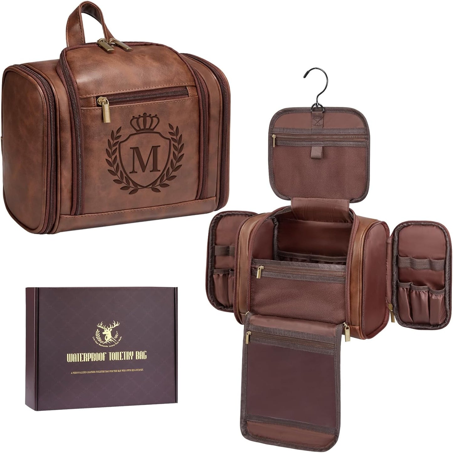 Personalized Leather Travel Toiletry Bag | Men's Dopp Kit Organizer - Tan Brown with Initial J