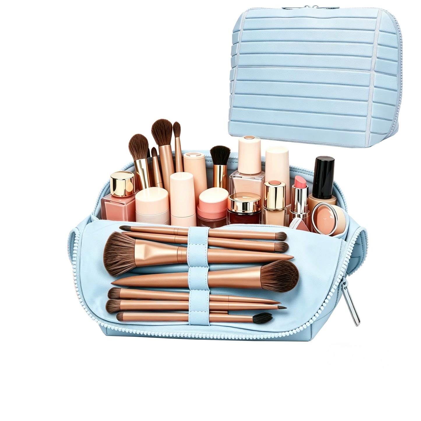 Geelraqaly Travel parallel vertical Makeup Bag with Fold-Down Design and Adjustable Dividers,upright Cosmetic Toiletry Bags Blue