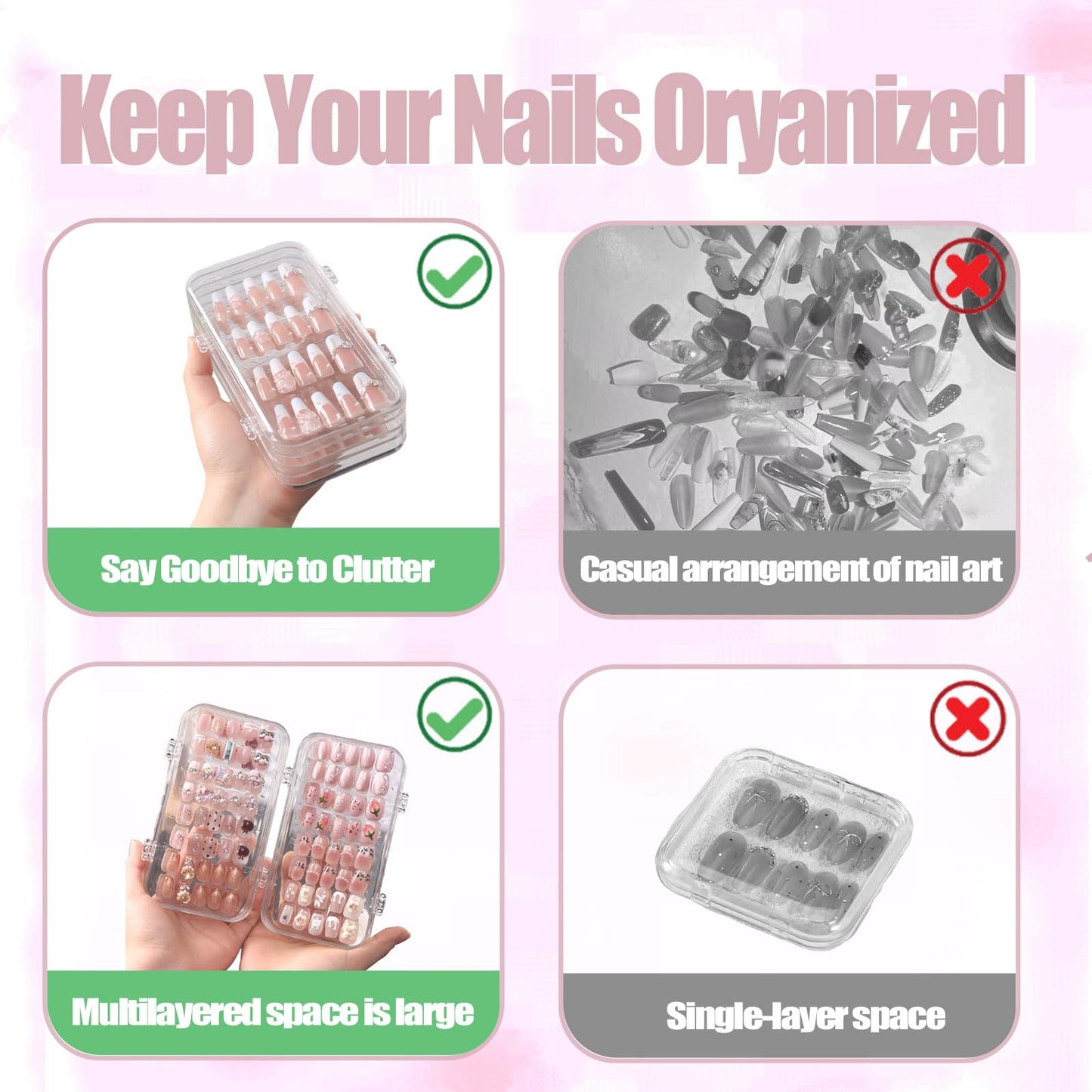 Oskrieel Tri-Fold Press On Nail Organizer Case - 4-Page Portable Storage Box for Fake Nails, Clear PET Plastic Travel Holder (6×3.2×1.8 inch)