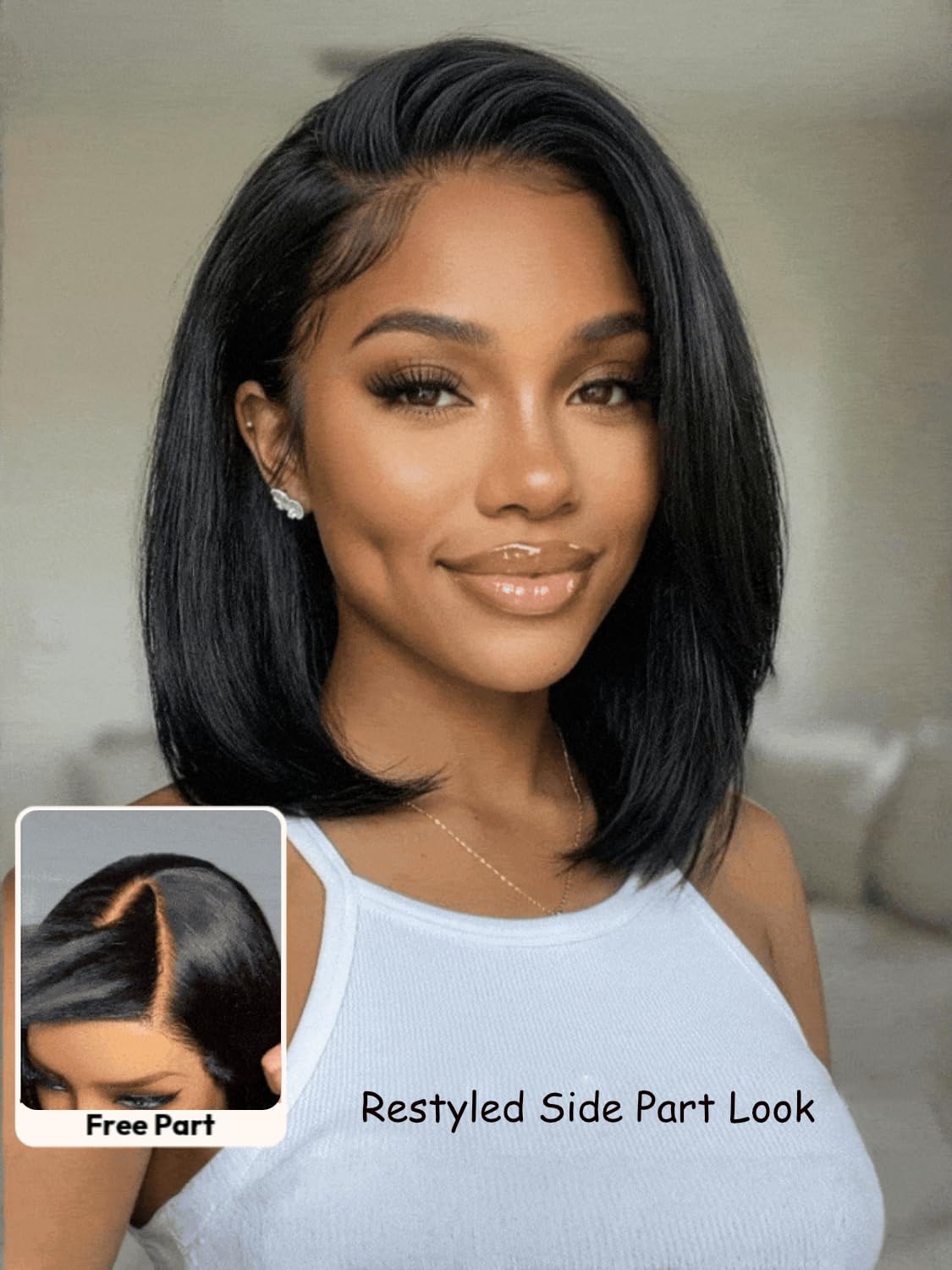 UNICE 7X5 Lace Part Bob Wig Human Hair Bye Bye Slip Glueless Wig with Silicone Strips & Drawstring Yaki Straight Layered Cut with Face Framing Layers 180% Density Bleached Knots Pre Plucked 10inch