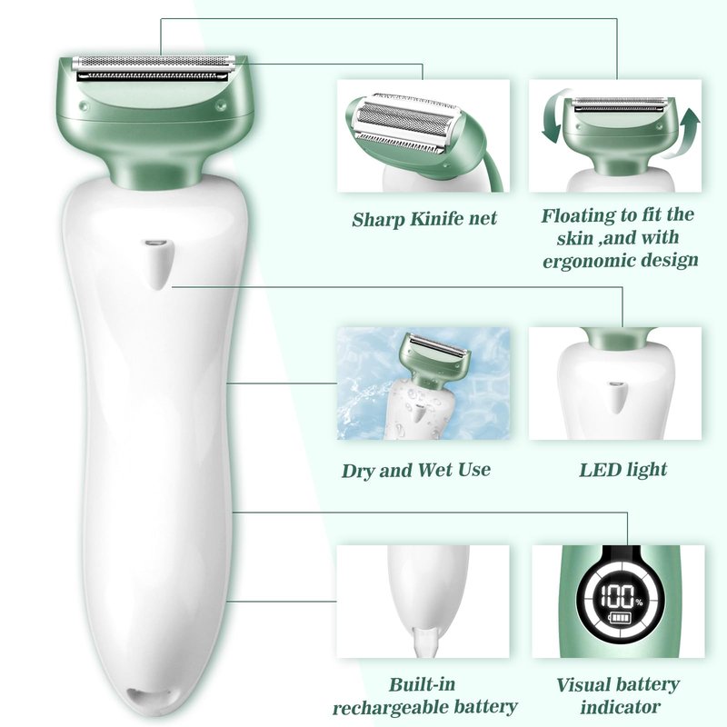 Akunbem Electric Razor for Women for Legs Bikini Trimmer Electric Shaver for Women Underarm Public Hairs Rechargeable Womens Shaver with Detachable Head Wet Dry Use Painless Cordless (Green)