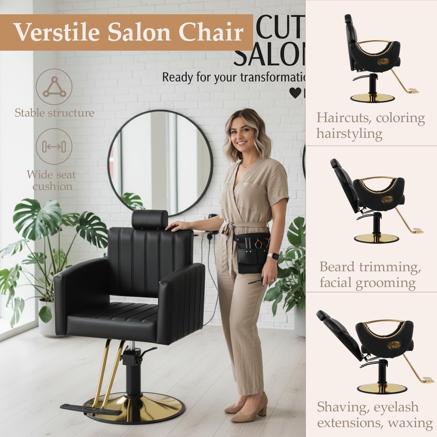 Professional Barber Salon Chair - Heavy Duty Hydraulic Design, 135° Recline, 360° Swivel | Black and Gold PU Leather