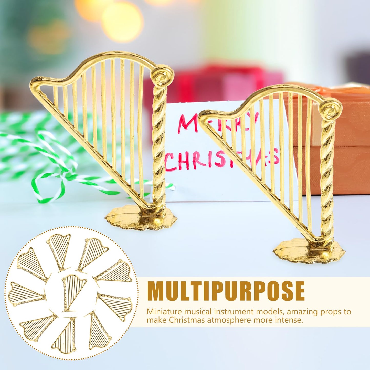 10pcs Miniature Harp Instrument Model Xmas Tree Musical Instrument Harp Model Pendant for Christmas Music Party Home Decor
